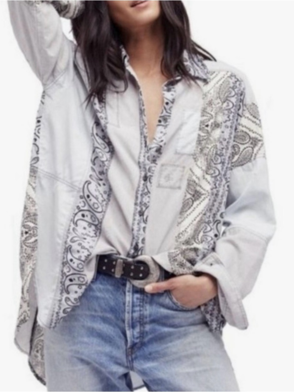 Free People Patchwork Paisley Button-Up Shirt - White & Navy